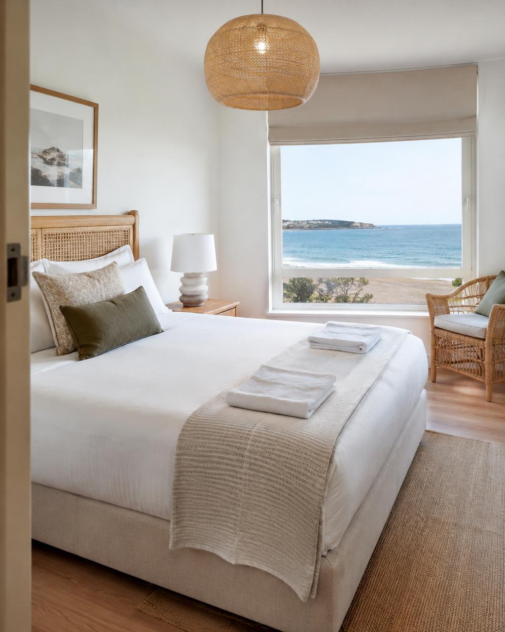 Bright beachside bedroom with crisp white linen, folded towels and an ocean view